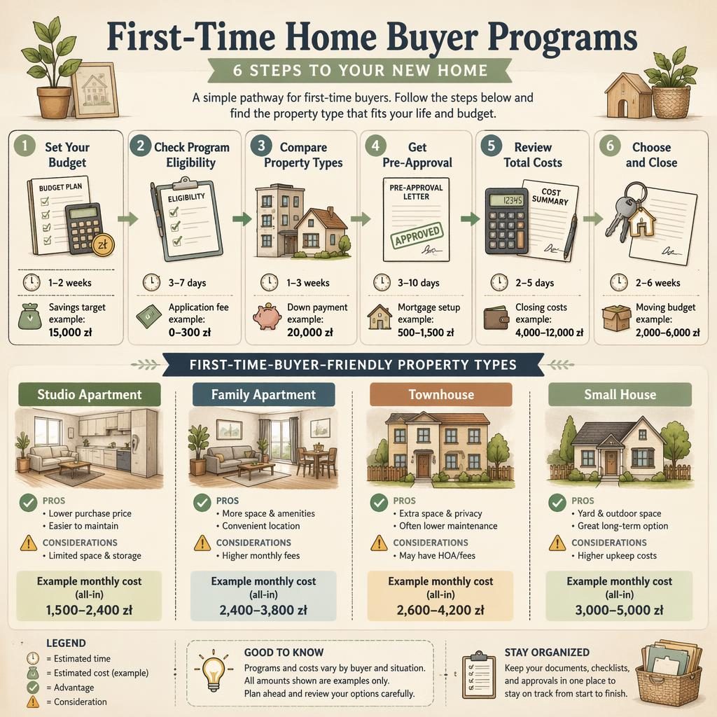 Infographie immobilière chaleureuse avec 6 étapes d achat, cartes comparatives, icônes de logement et exemples de coûts en zł.