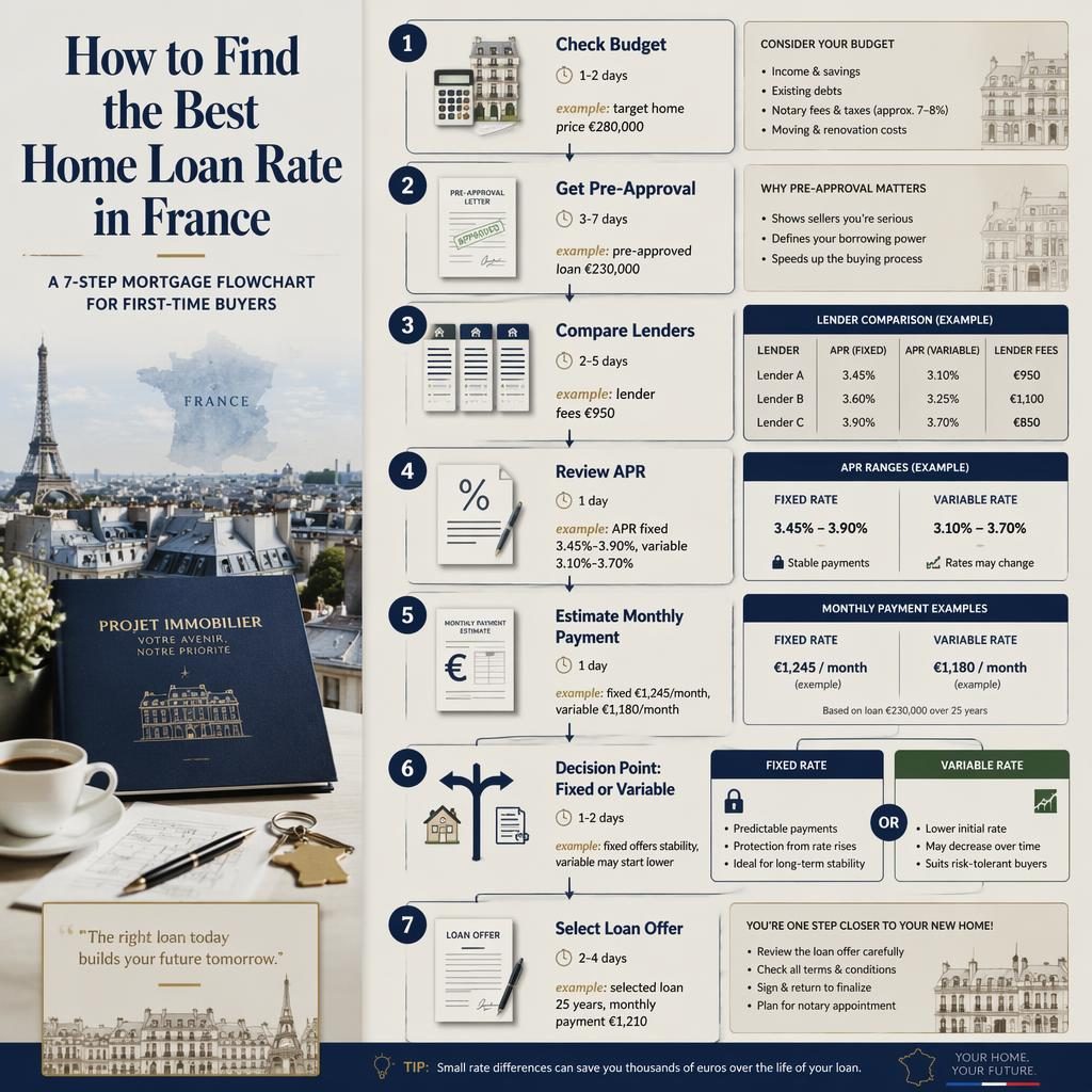 Infographie éditoriale immobilière en France avec organigramme de prêt en 7 étapes, palette bleu marine et crème.