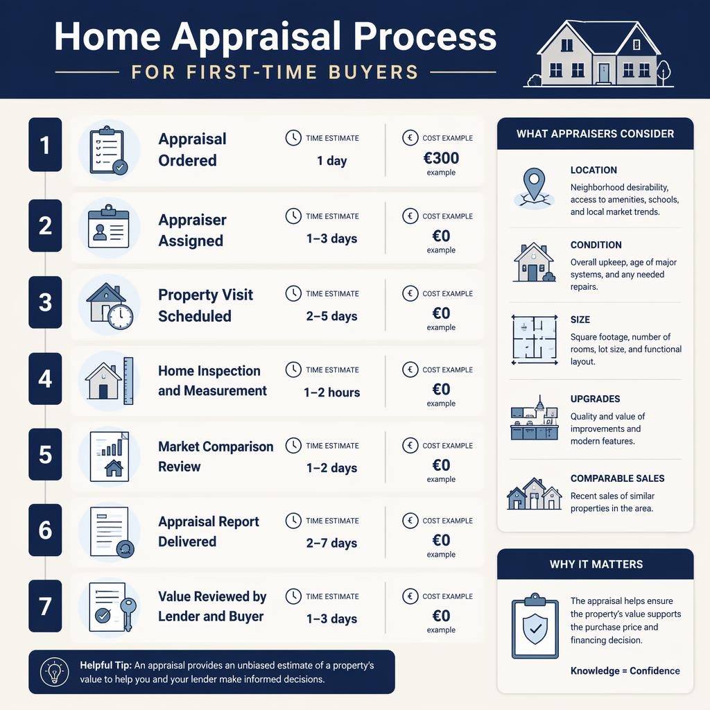 Real estate infographic showing 7 home appraisal checklist stages for first-time buyers in navy and cream grid layout.