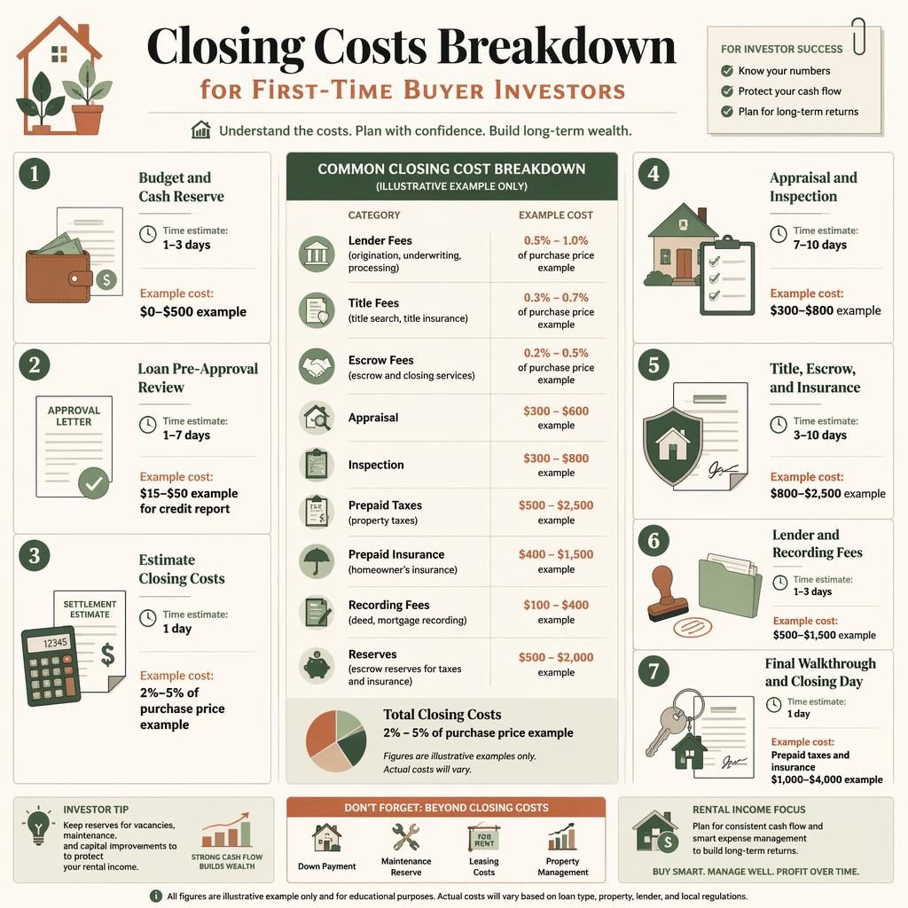 Real estate infographic checklist with 7 closing cost stages, icons, charts, and example USD fees for first-time buyer investors.