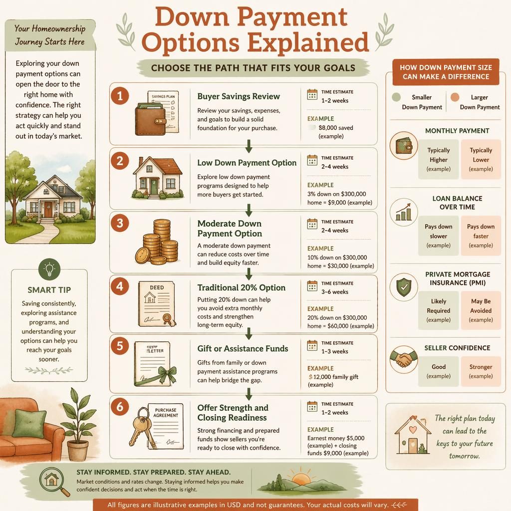 Portrait real estate flowchart infographic with 6 down payment stages, arrows, icons, USD examples, and comparison callouts.
