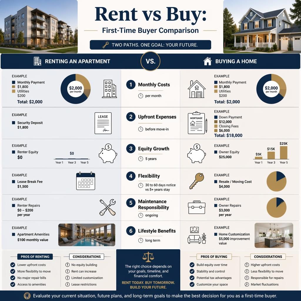 Editorial real estate infographic comparing renting an apartment vs buying a home with 6 numbered stages, charts, icons, and example costs.