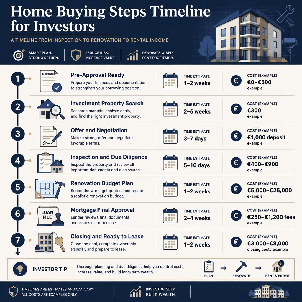 Real estate infographic timeline with 7 home buying stages for investors, navy and cream layout, icons, time estimates, and EUR cost examples.
