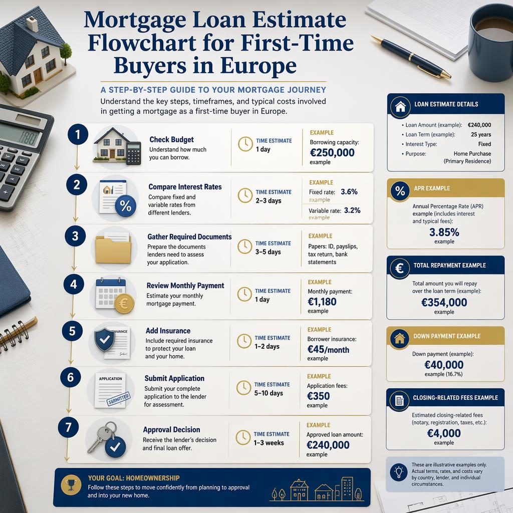 Infographie immobilière sur bureau moderne montrant un devis de prêt hypothécaire en 7 étapes, palette bleue et or.