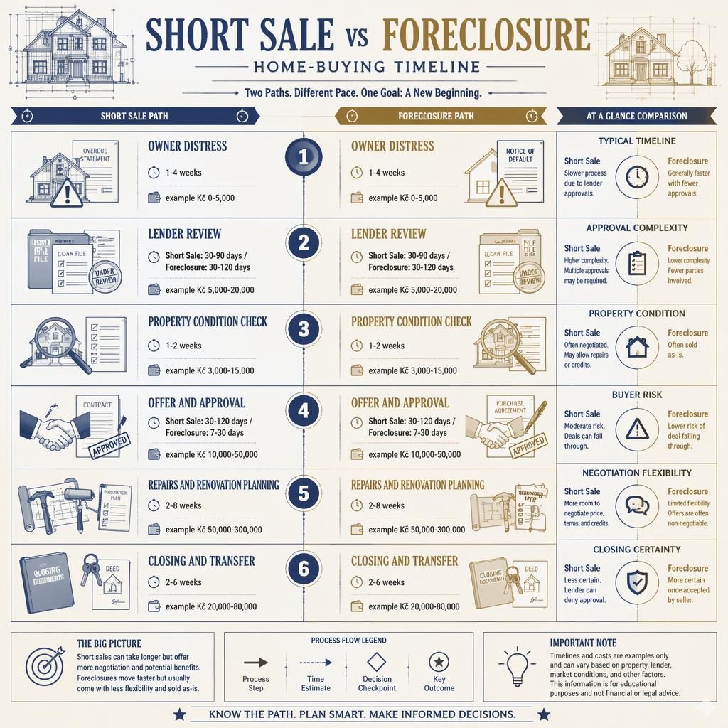Blueprint-style real estate infographic comparing short sale vs foreclosure in 6 stages with timelines, example Kč costs, icons
