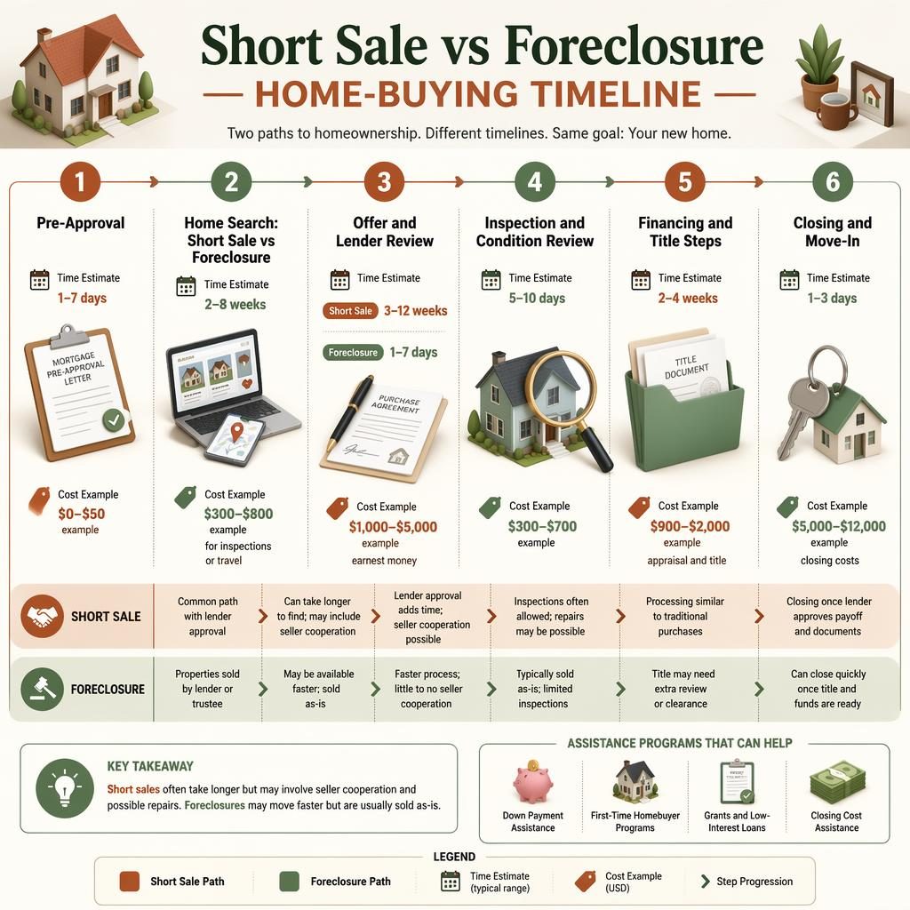 Isometric real estate infographic comparing short sale vs foreclosure across 6 home-buying timeline stages with icons, arrows, and USD example costs.