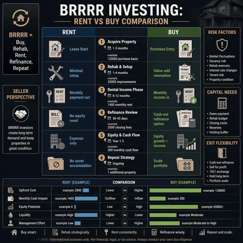 Dark real estate infographic comparing Rent vs Buy across 6 BRRRR stages with charts, icons, time estimates, and example costs.