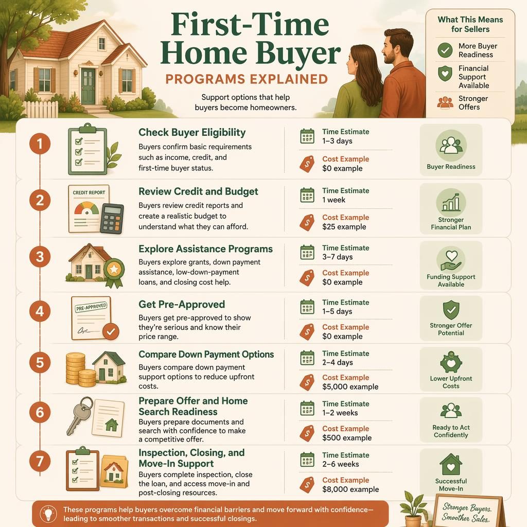 Vertical real estate infographic with 7 numbered first-time buyer stages, icons, timelines, and example USD costs.