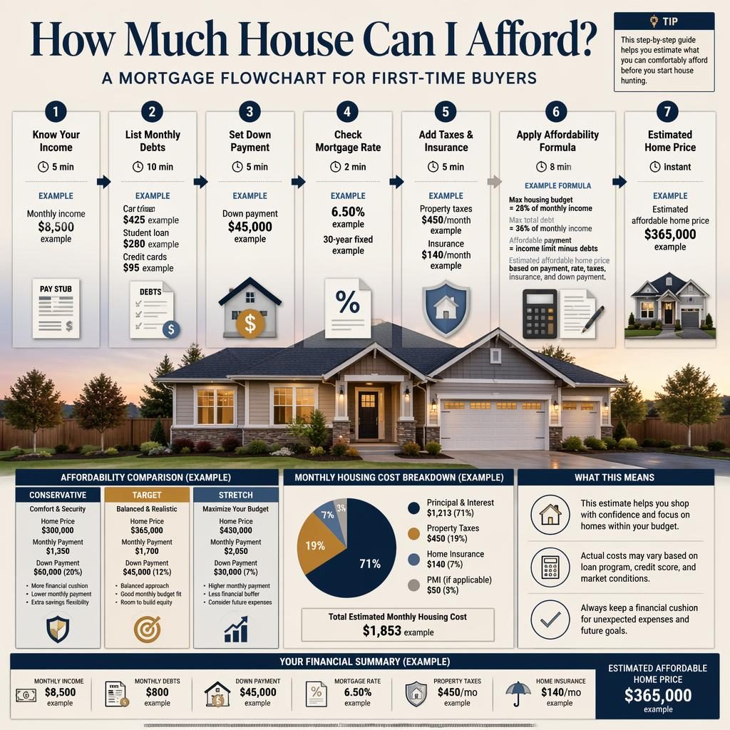 Photorealistic real estate infographic with 7 mortgage flowchart stages, suburban house photo, charts, callout boxes, navy and cream.