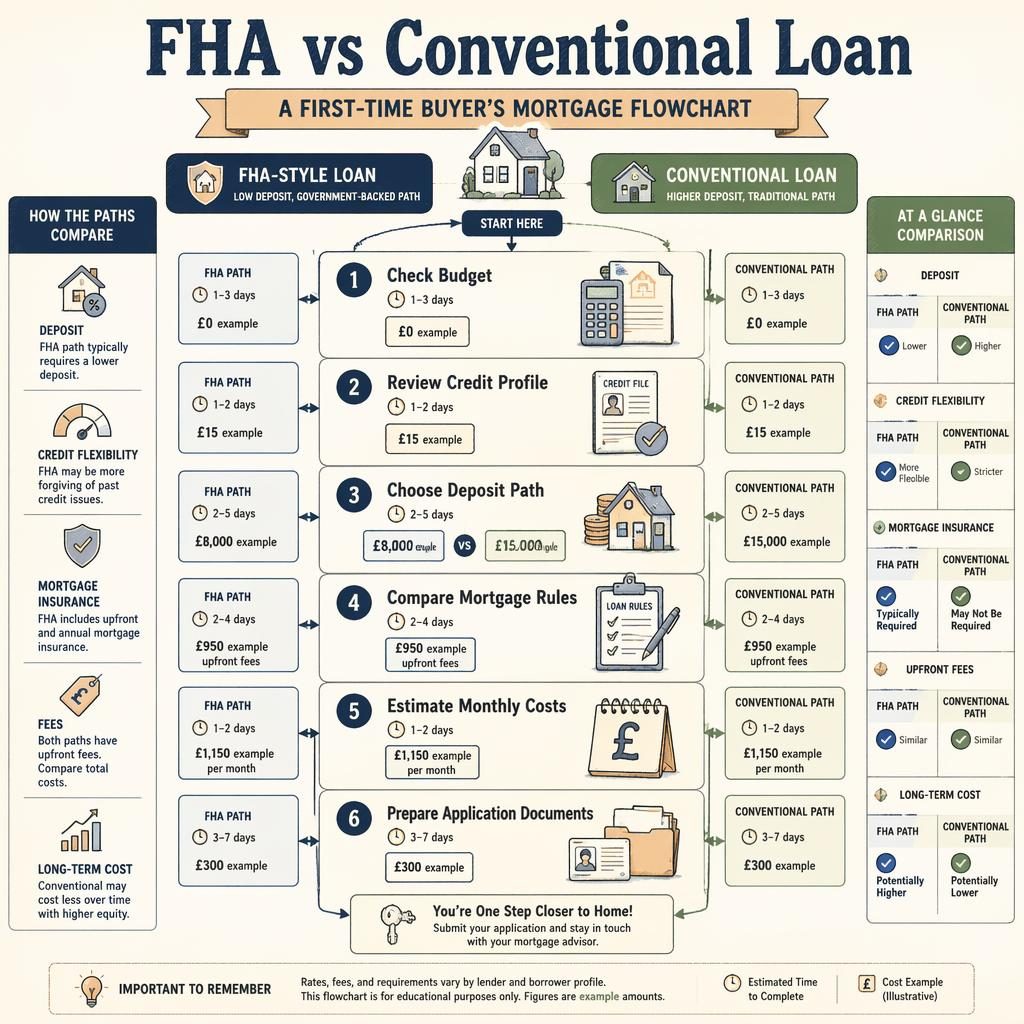 Vertical mortgage flowchart infographic comparing FHA vs conventional loans in 6 stages with icons, arrows, and GBP examples.