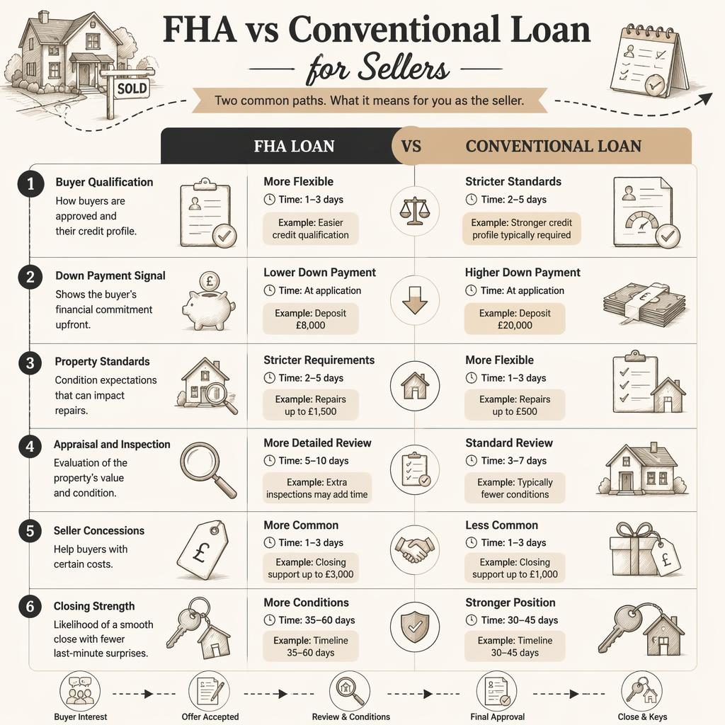 Editorial real estate infographic comparing FHA Loan vs Conventional Loan in 6 numbered stages with icons, GBP examples, and timeline cues.