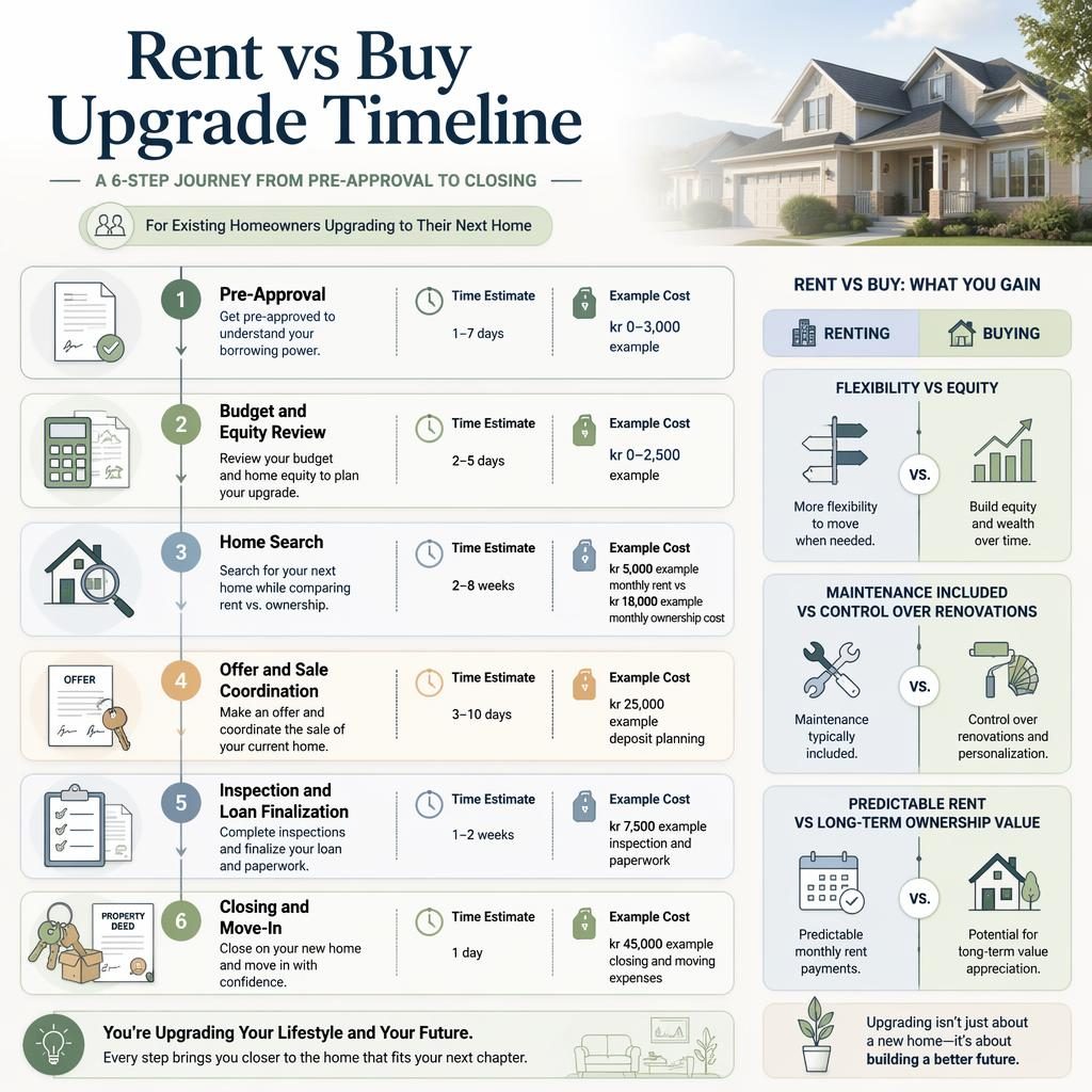 Infographie immobilière pastel avec 6 étapes numérotées de l’achat, comparatif discret rent vs buy, icônes et coûts en SEK.