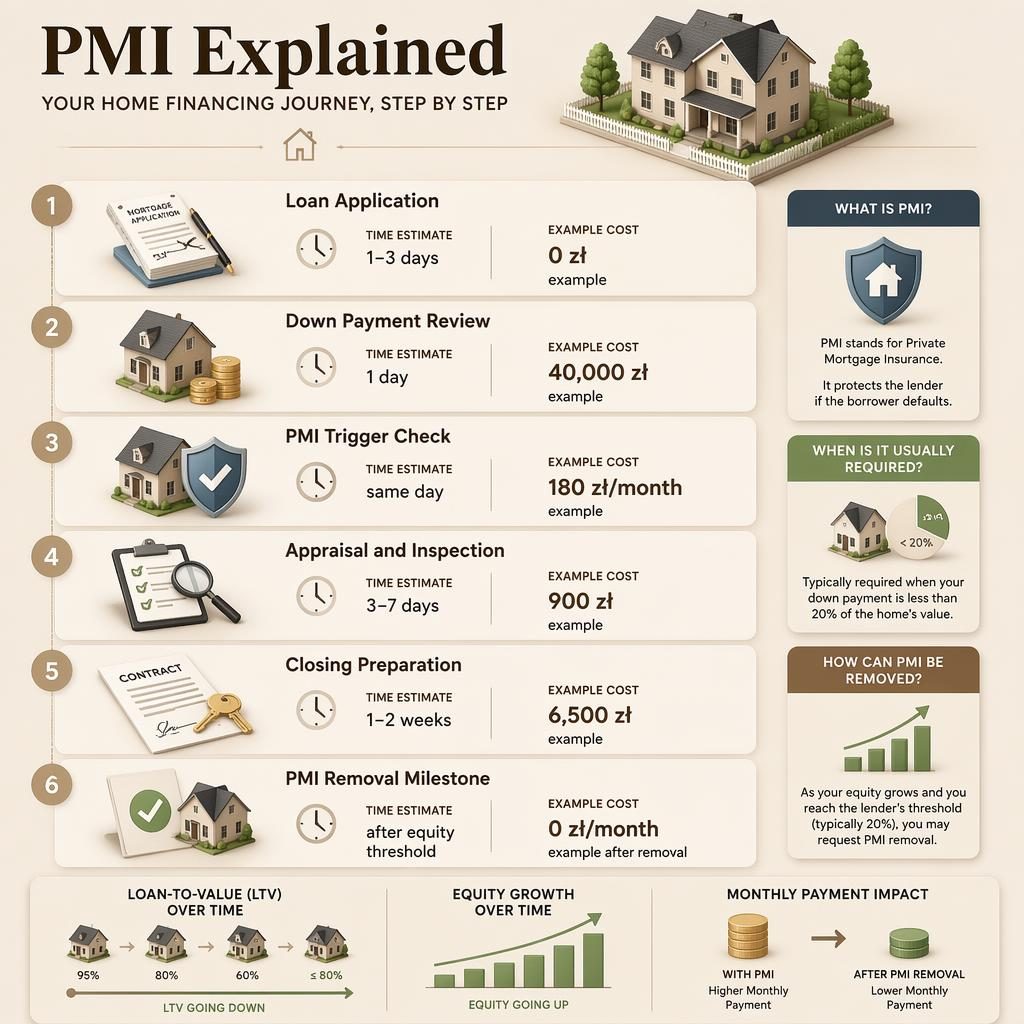 Isometric real estate infographic showing 6 PMI timeline stages with English labels, PLN cost examples, icons, and side callout.