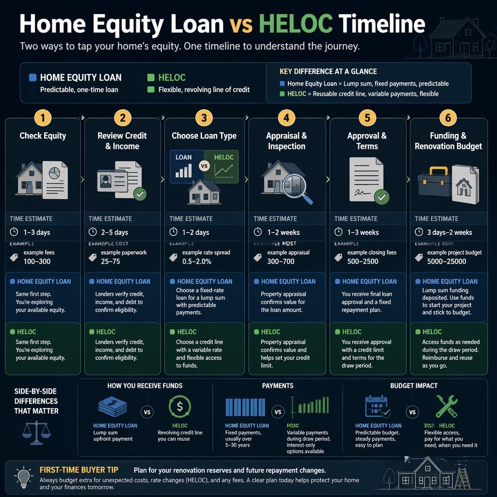 Editorial real estate infographic comparing Home Equity Loan vs HELOC across 6 stages with timelines, example costs, icons, and callouts.