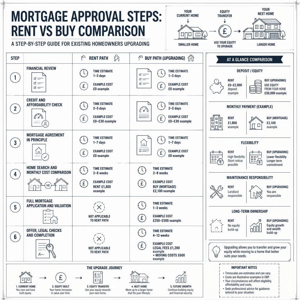 Blueprint-style rent vs buy chart infographic with 6 mortgage approval stages, time estimates, GBP examples, and icons.