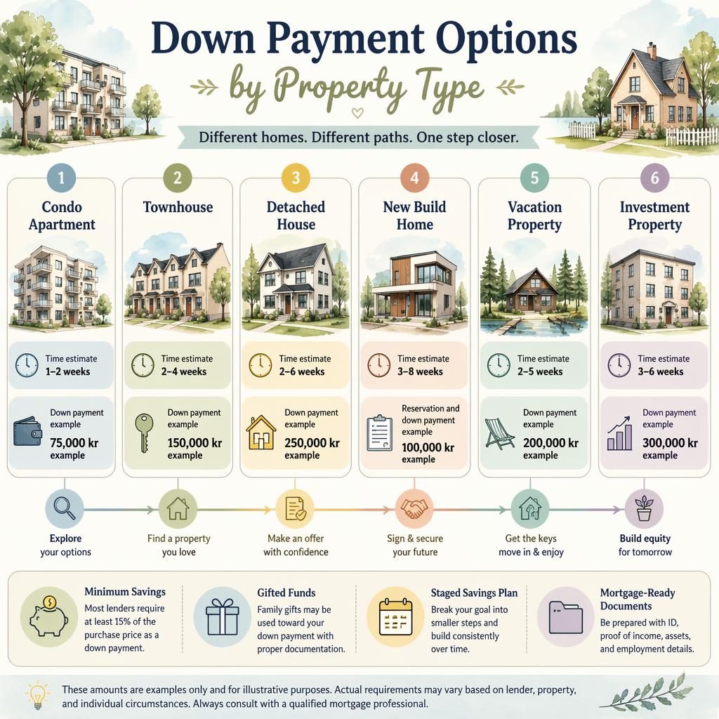 Real estate infographic with 6 pastel comparison cards showing property types, time estimates, SEK down payment examples, and icons.