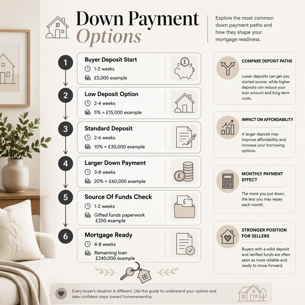 Minimal monochrome real estate flowchart infographic showing 6 down payment stages with GBP examples, icons, and side notes.
