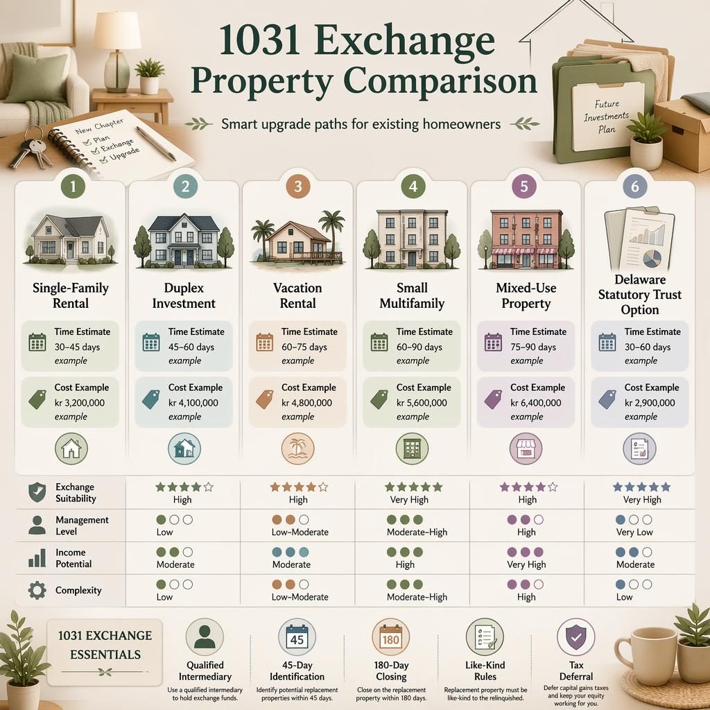 Pastel real estate infographic comparing 6 1031 exchange property options with time, example SEK costs, icons, and home objects.