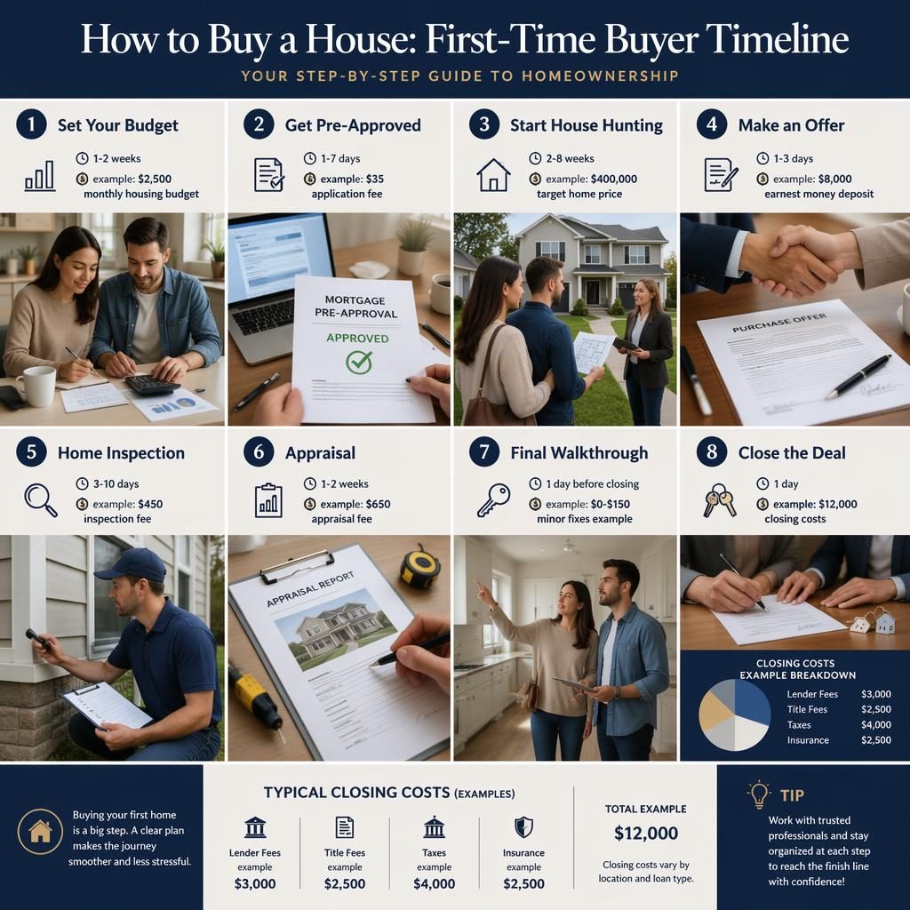 Real estate infographic showing 8 first-time home buying stages with buyers, house, documents, keys, charts, and costs.