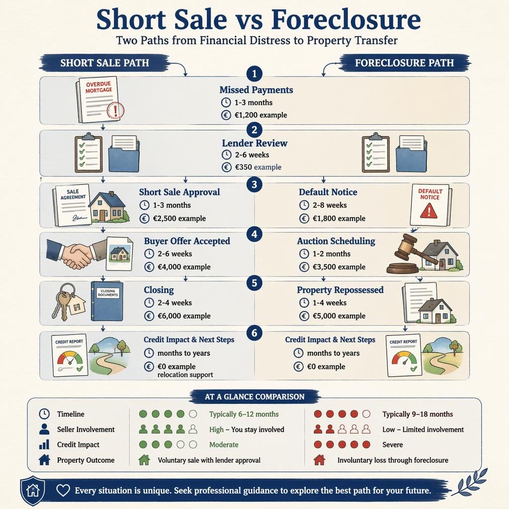 Side-by-side real estate flowchart infographic comparing short sale and foreclosure in 6 stages with icons, timelines, and EUR examples.