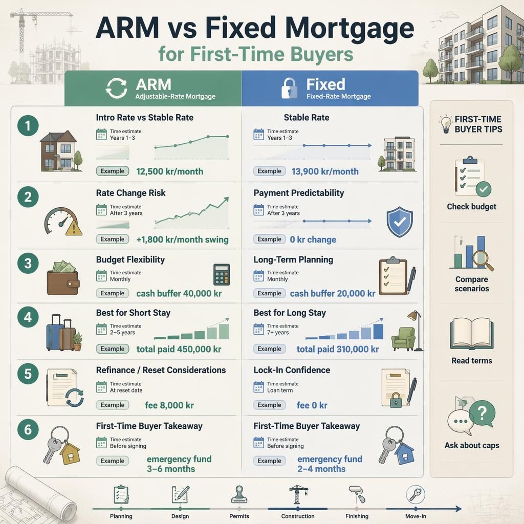 Editorial infographic comparing ARM vs fixed mortgage in 6 stages for first-time buyers, with icons, charts, sidebar tips, and SEK examples.