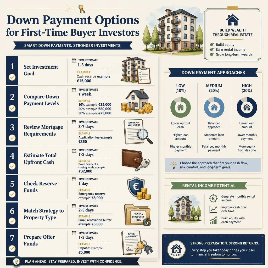 Real estate checklist infographic with 7 down payment stages, EUR examples, navy and cream layout, and property icons.