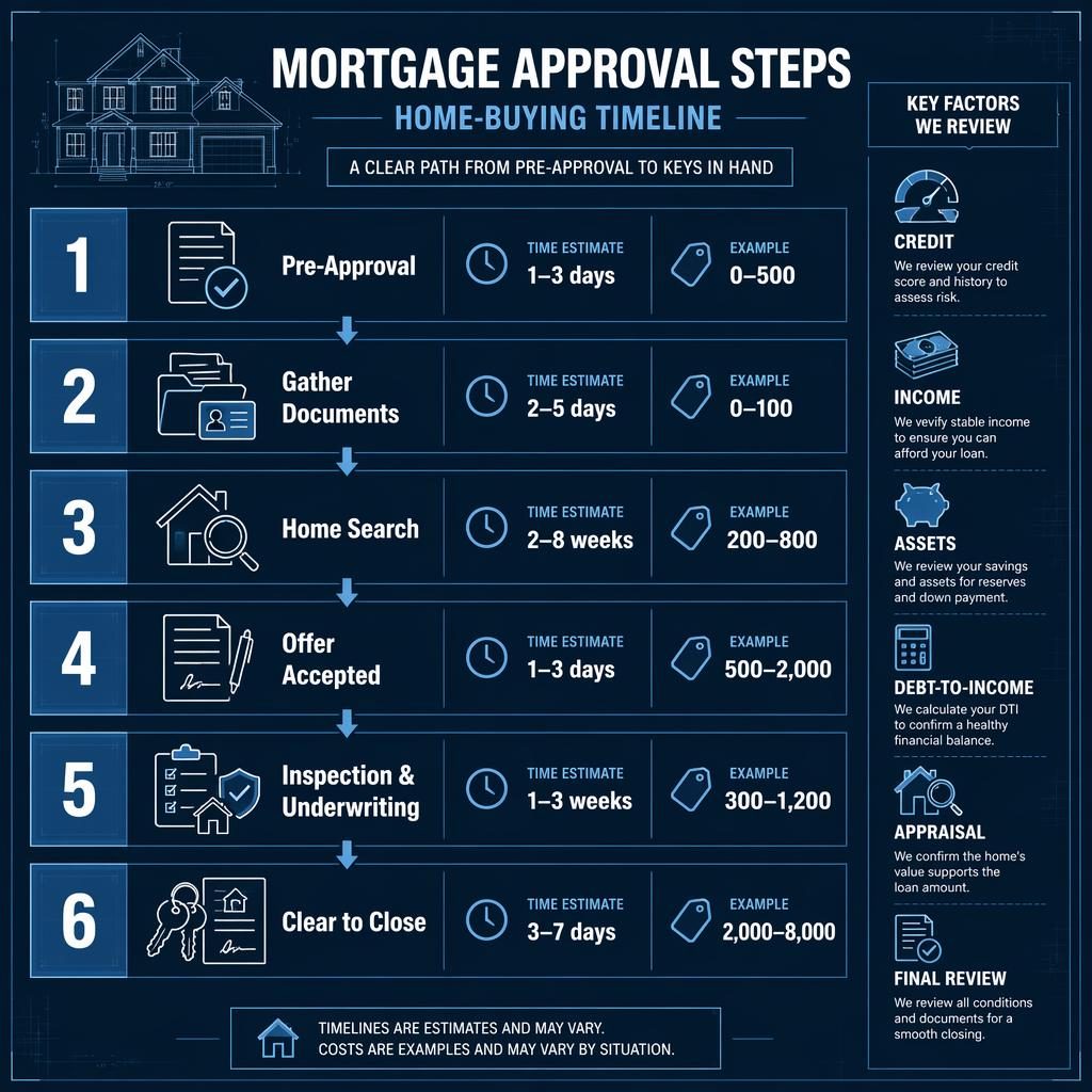 Infografía inmobiliaria estilo blueprint con 6 etapas numeradas de aprobación hipotecaria, iconos, tiempos y costes ejemplo.