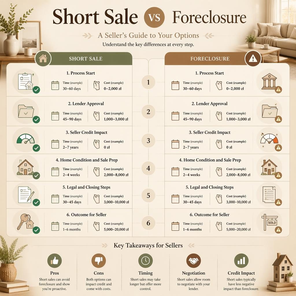 Beige real estate infographic comparing Short Sale and Foreclosure in 2 columns with 6 stages, icons, PLN examples, and seller takeaways.