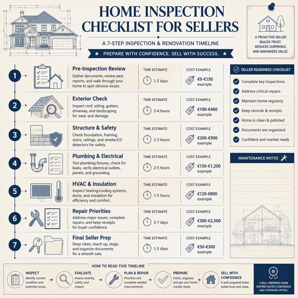 Blueprint-style real estate infographic with 7 seller inspection stages, English labels, EUR example costs, and home icons.