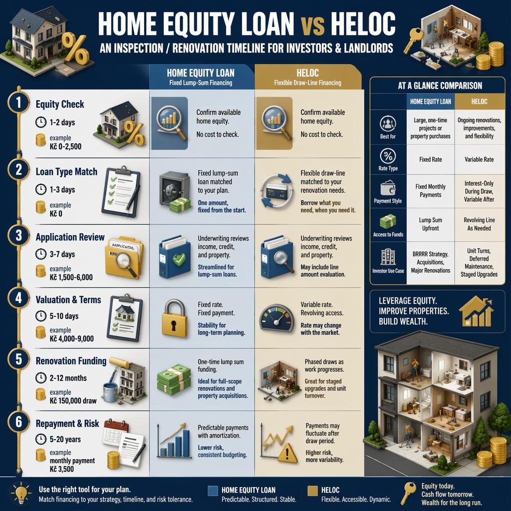 Isometric blue and gold real estate infographic with 6 stages comparing Home Equity Loan vs HELOC using CZK examples.