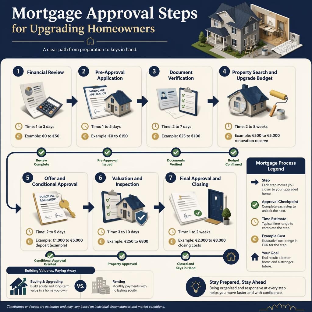 Isometric real estate infographic showing 7 mortgage approval steps for upgrading homeowners with arrows, icons, EUR examples, and legend.