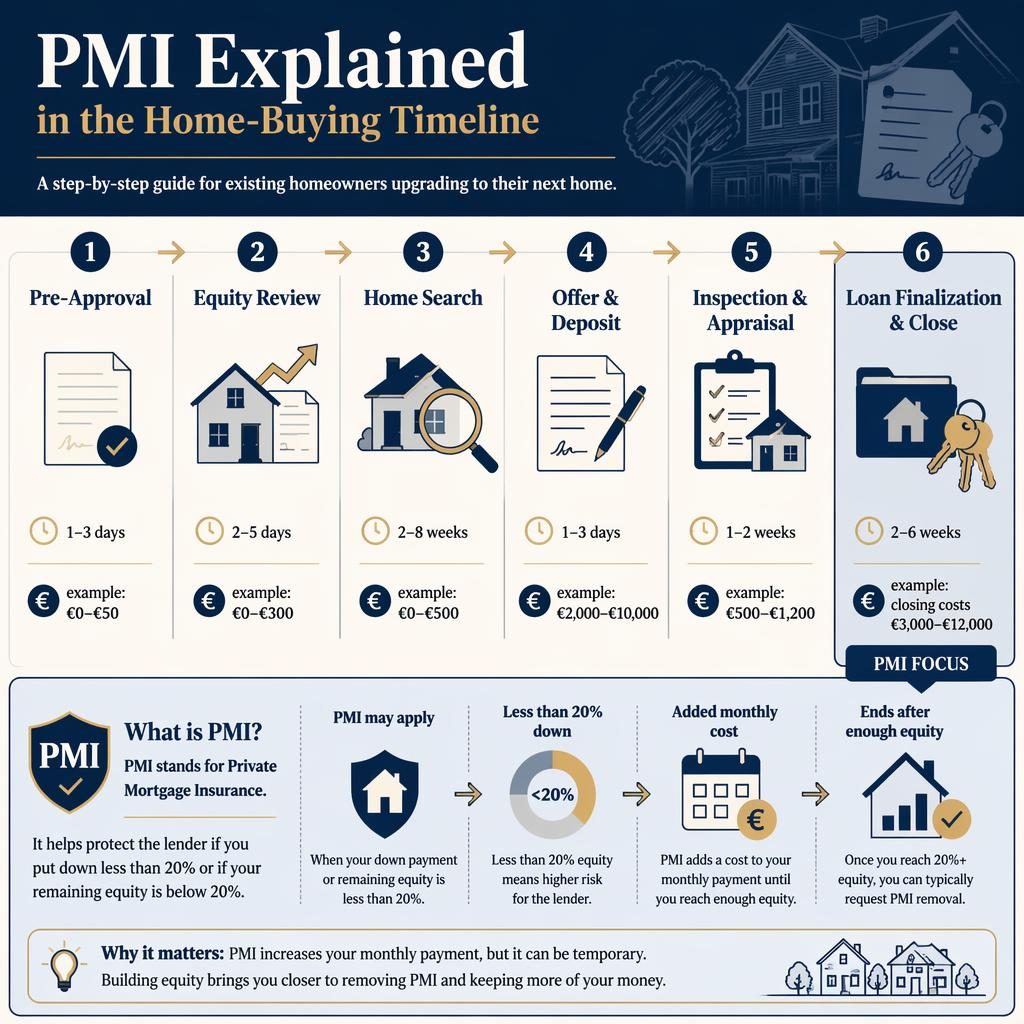 Real estate timeline infographic with 6 stages, EUR cost examples, property icons, and PMI explanation near closing.