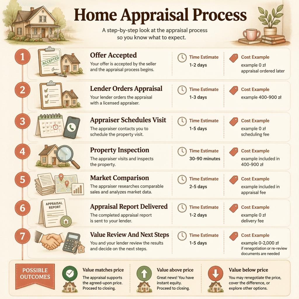 Vertical beige infographic showing 7 home appraisal stages with times, example PLN costs, icons, and outcomes panel.