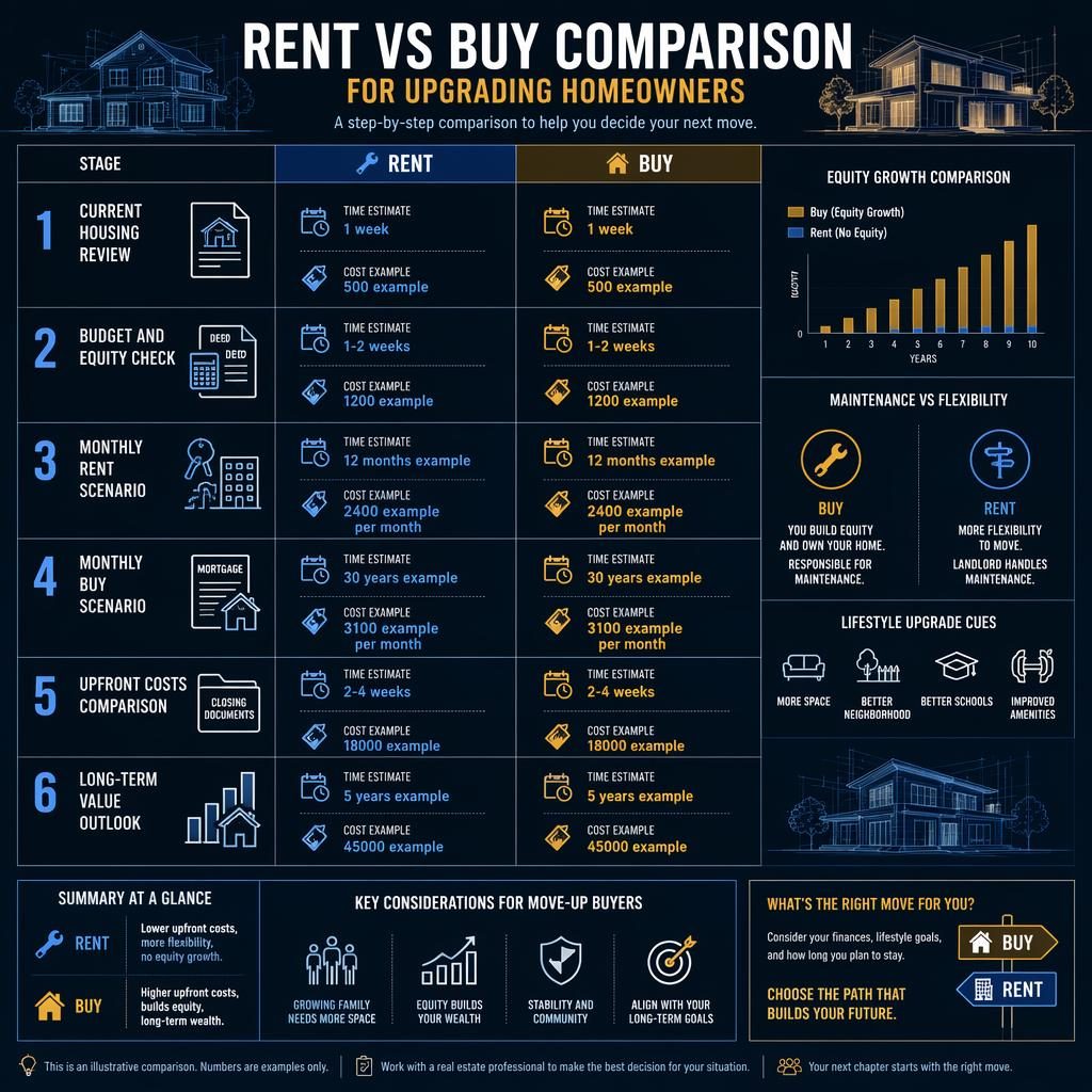 Blueprint-style realtor infographic showing a 6-step rent vs buy comparison with split panels, charts, icons, and cost examples.