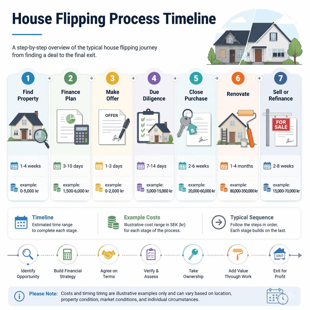 Minimal pastel real estate infographic showing 7 house flipping timeline stages with icons, time estimates, and example costs in kr.