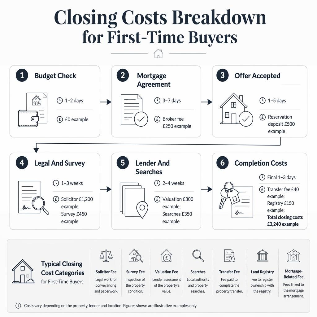 Infographie immobilière monochrome en 6 étapes avec flowchart, coûts de clôture, délais, icônes de documents et logement.