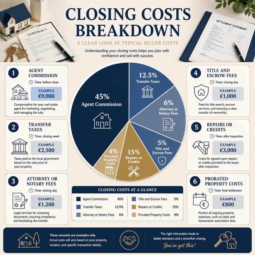 Navy and cream real estate infographic with a central closing cost pie chart and six seller cost callouts with icons and EUR examples.