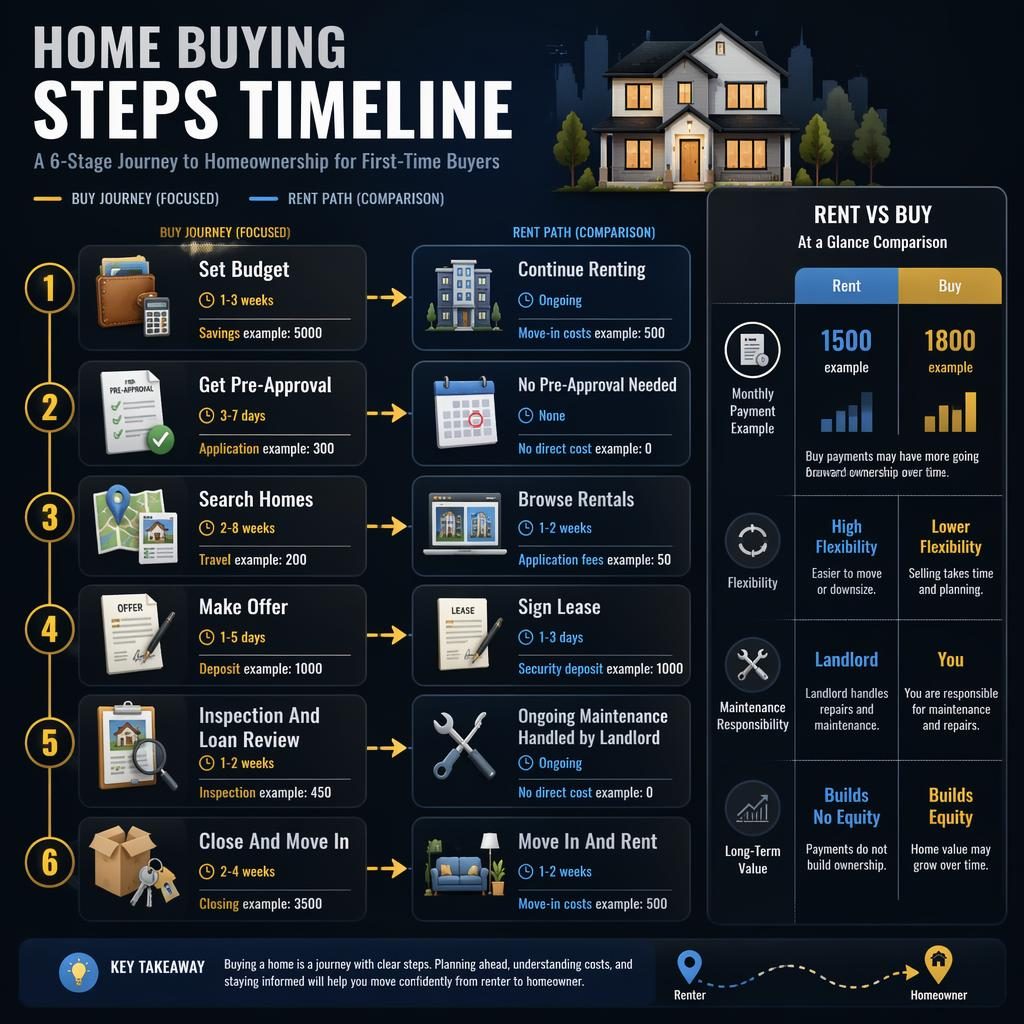 Infographie immobilière sombre avec 6 étapes d’achat, frise chronologique, icônes, coûts exemples et module Rent vs Buy.