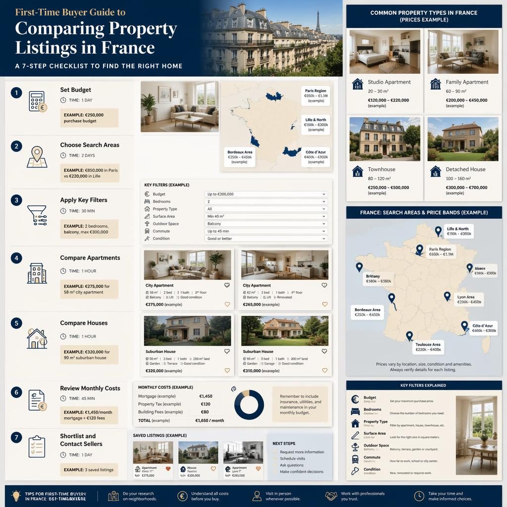 Infographie immobilière photoréaliste avec 7 étapes, cartes d’annonces, panneaux comparatifs et carte de France.