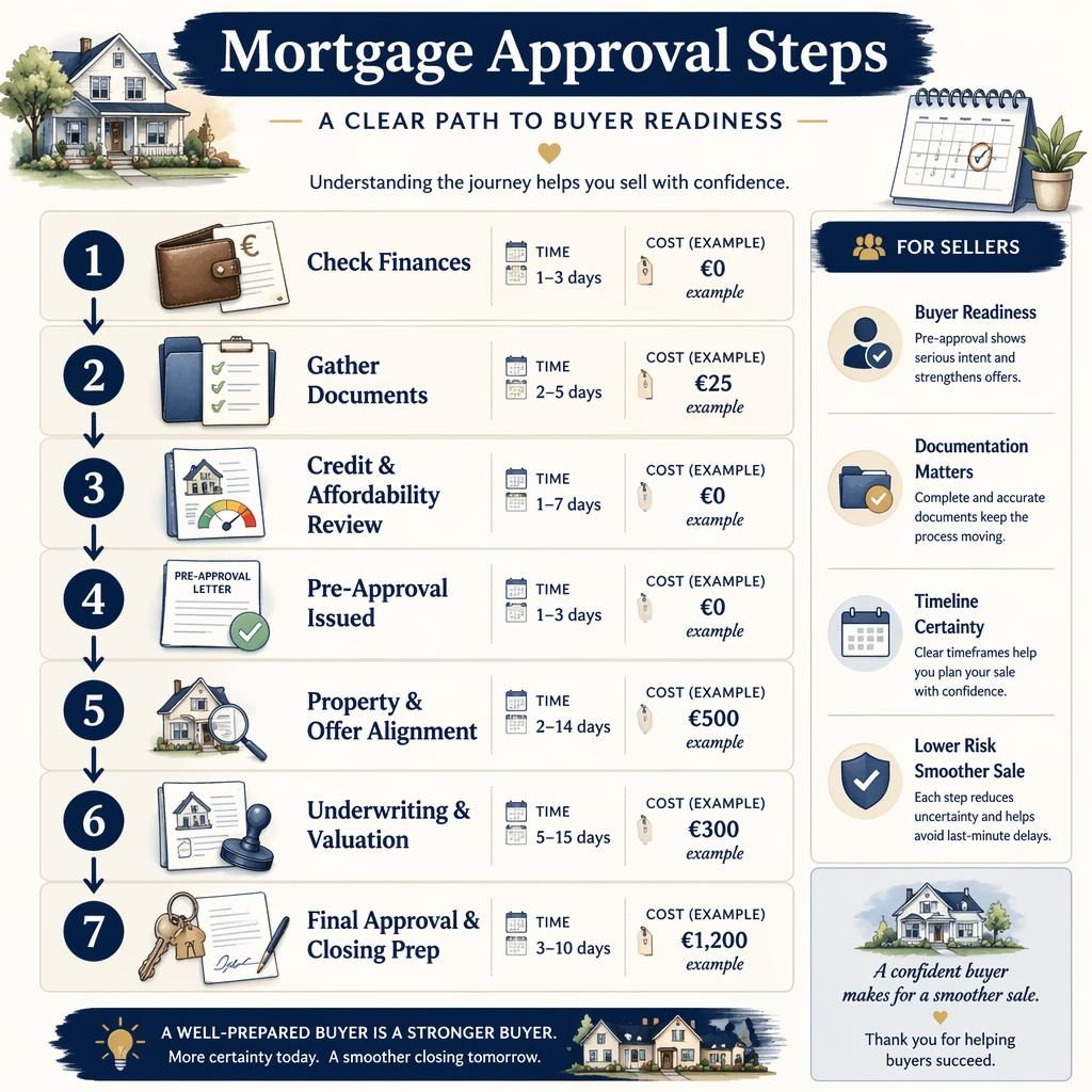 Vertical real estate infographic showing 7 mortgage approval steps with arrows, icons, time estimates, and EUR example costs.