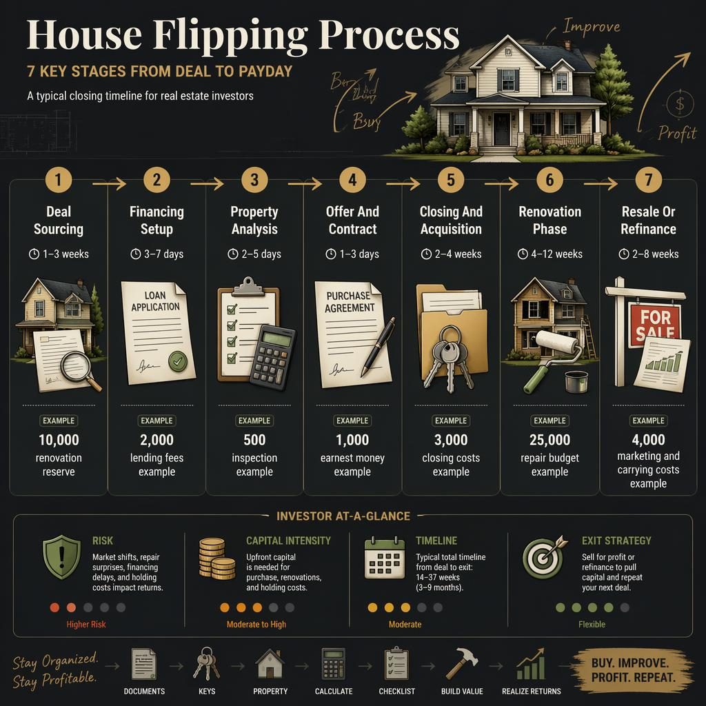 Investor real estate infographic showing 7-stage house flipping timeline with costs, time estimates, icons, and risk badges.