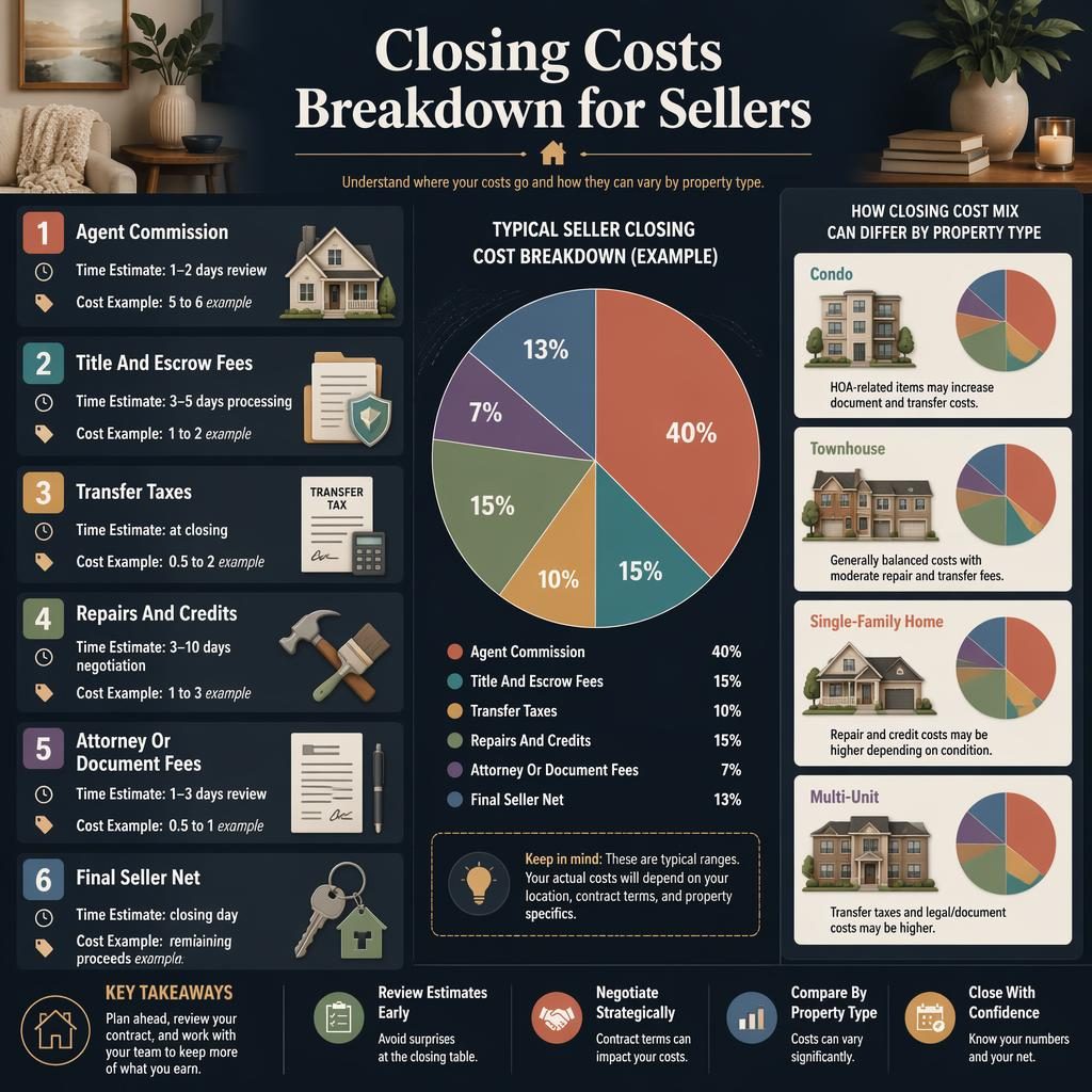 Dark real estate infographic with seller closing costs pie chart, 6 labeled sections, and property type comparison cards.