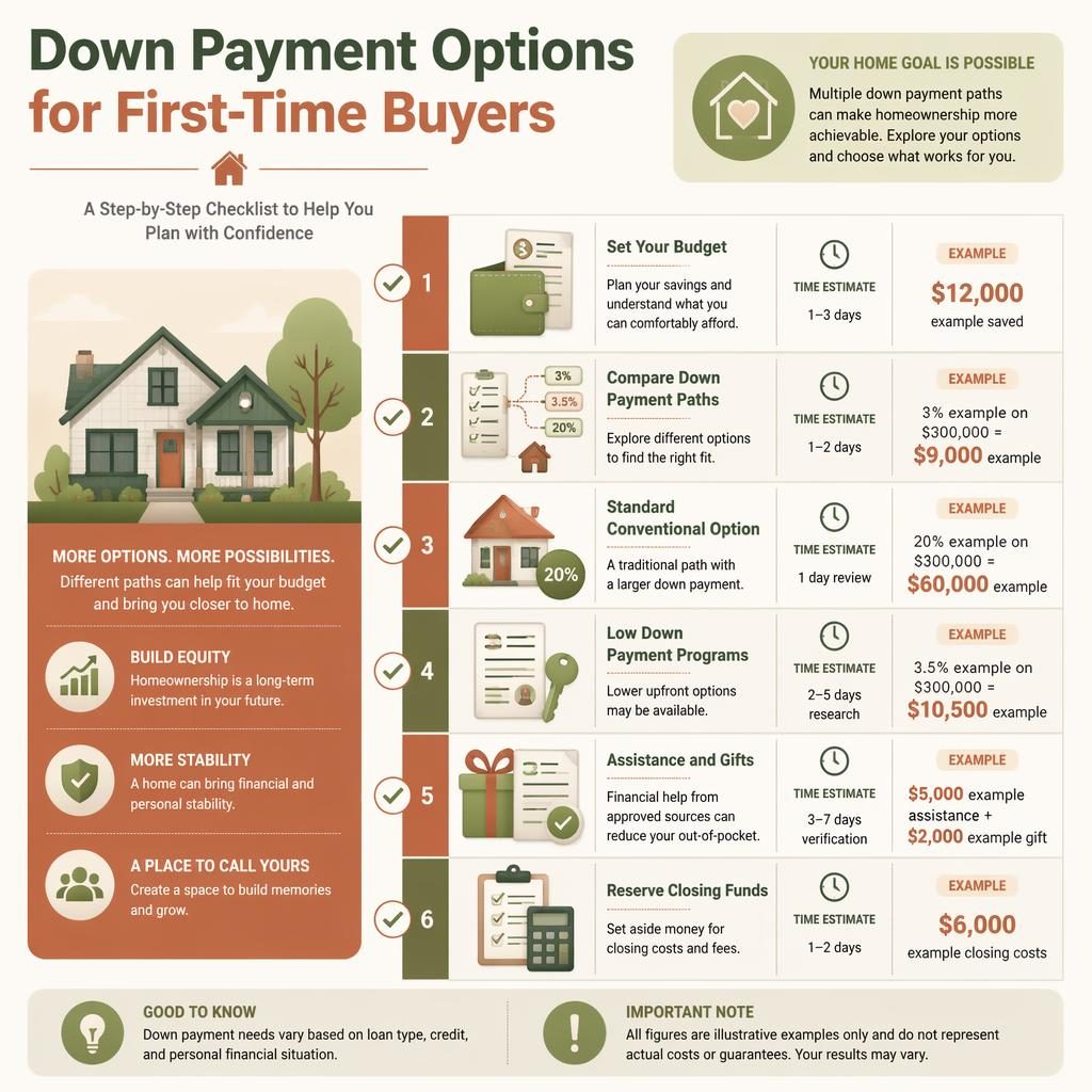Minimal real estate infographic with 6 numbered down payment checklist stages, icons, example USD costs, and terracotta-sage design.