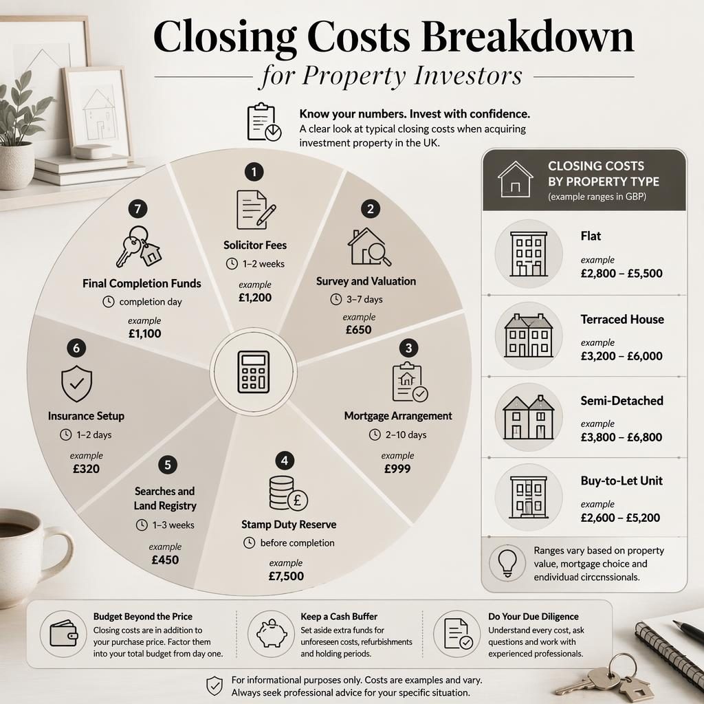 Monochrome real estate infographic with a pie chart of 7 investor closing costs in GBP and a property type comparison sidebar.