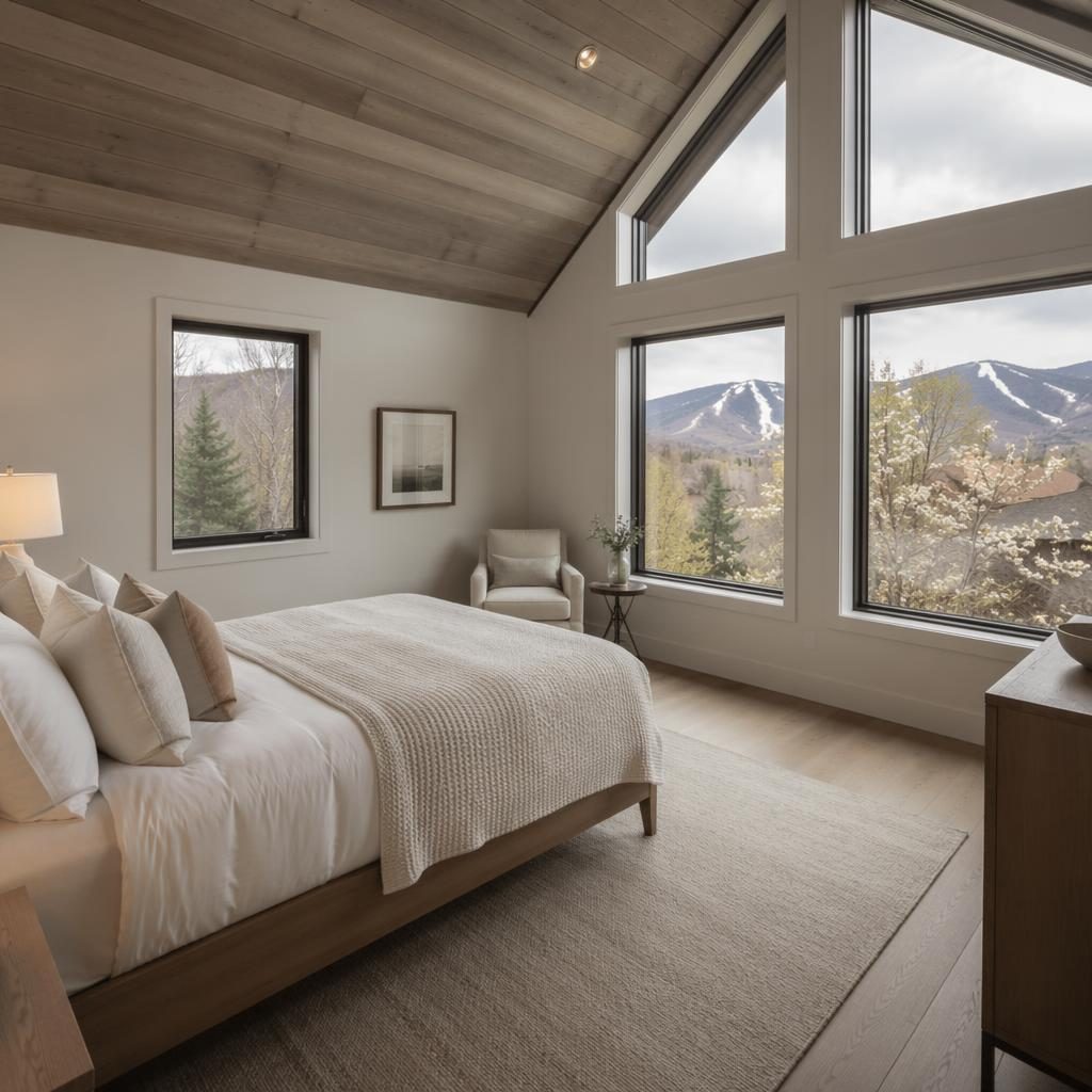 Wide-angle master bedroom in a mountain cabin farmhouse with soft overcast spring light and a red barn visible at dawn