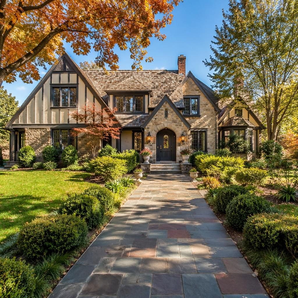 Bright midday real estate photo of a staged Tudor Revival mansion foyer entrance with autumn colors and wide-angle framing.