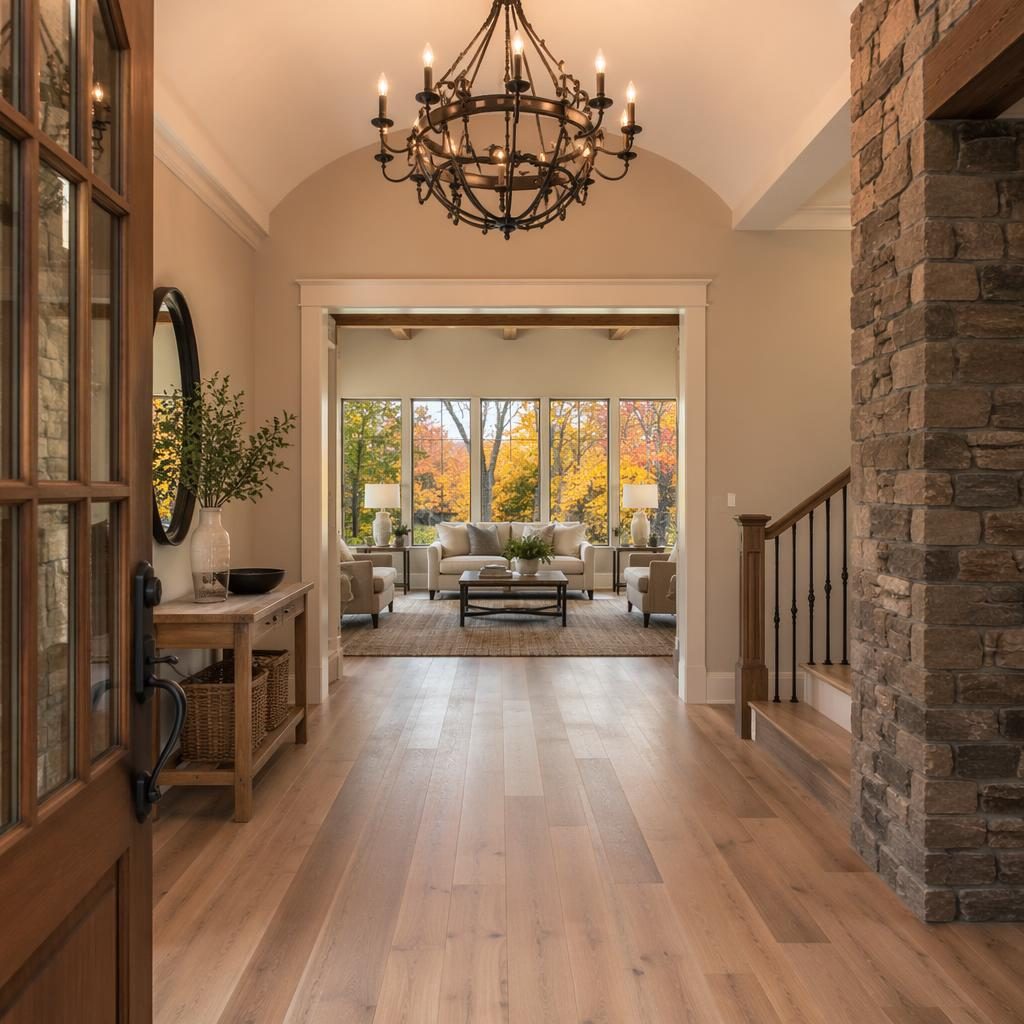 Rear view of a rustic ranch with garden in autumn, bright midday light, wide-angle real estate listing photo.