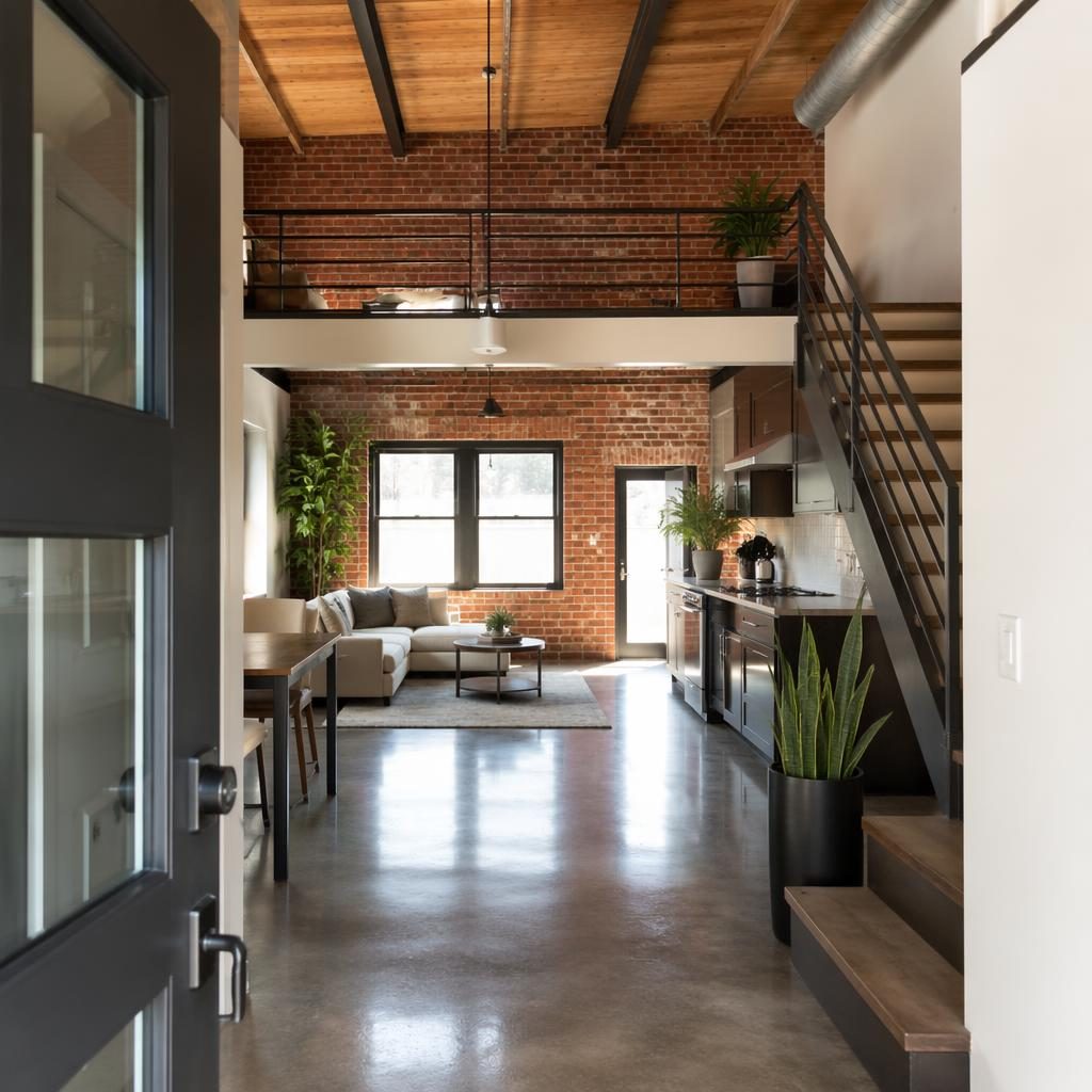 Bright tiny house foyer with studio loft brick interior, wide-angle real estate view, sharp focus, clean staging