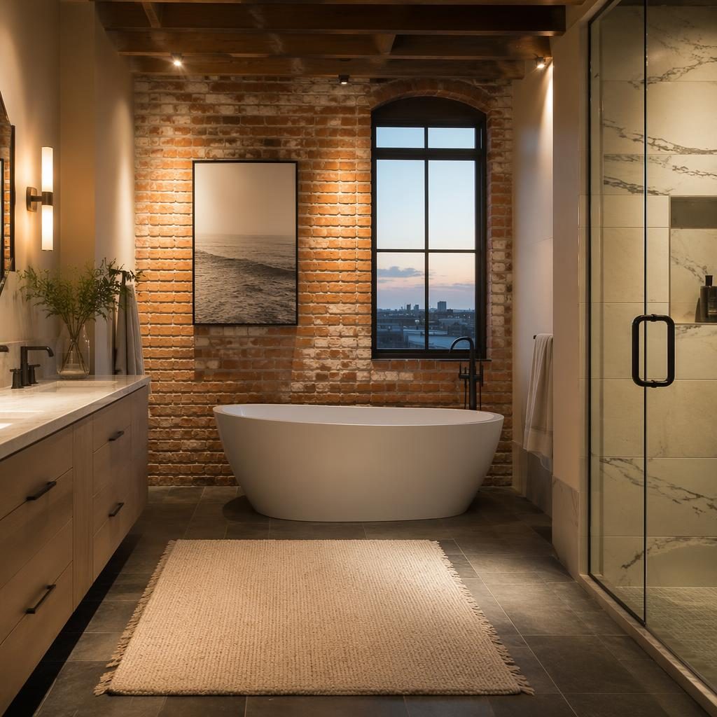 Wide-angle beach house bathroom at dusk with airy staging, autumn tones, and a studio loft brick interior.