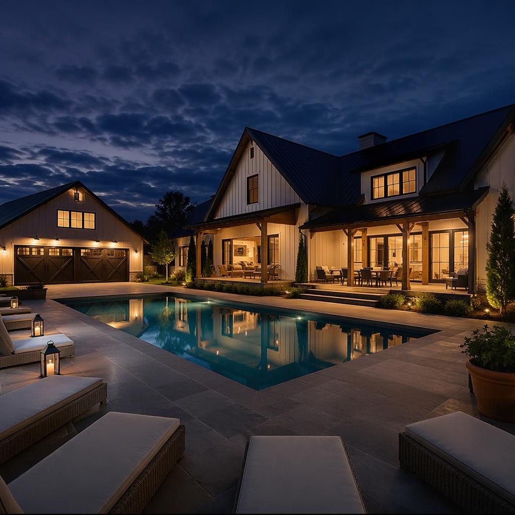 Wide-angle view of a staged farmhouse with pool patio, sunny late-summer morning, two-car garage with workshop.
